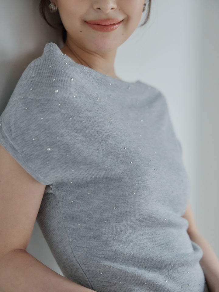 【SET】グリッターボートネックノースリニットトップス+ボリュームチュールスカート(2set)