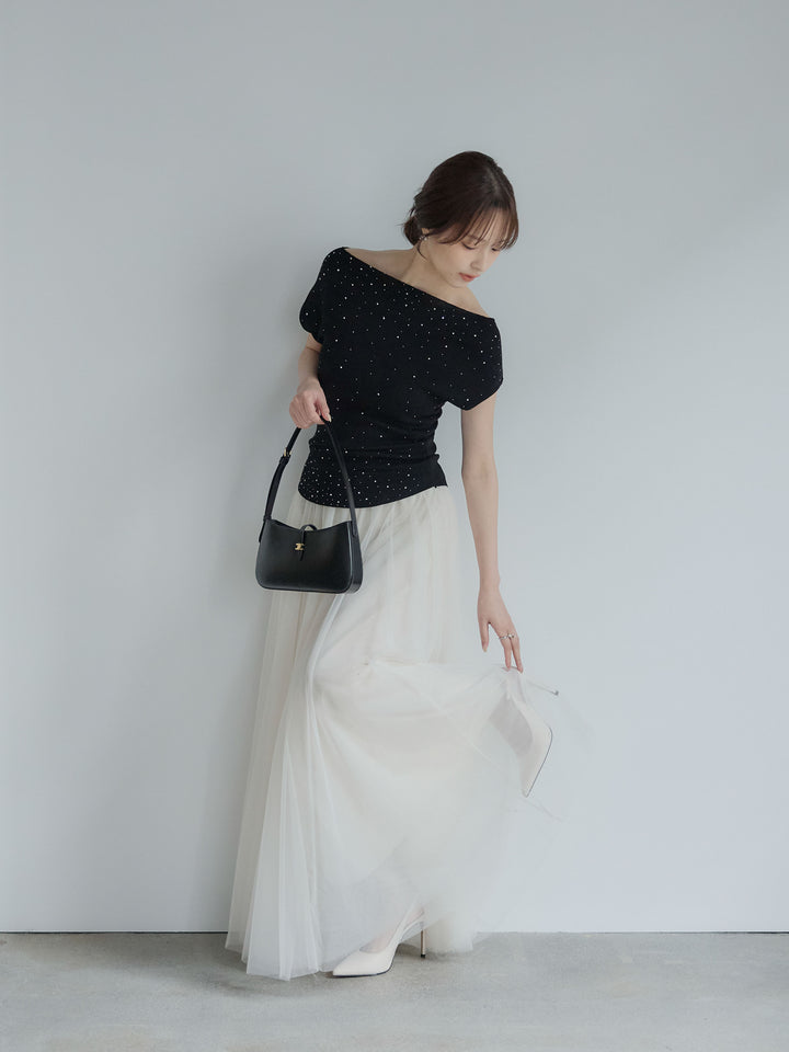 【SET】グリッターボートネックノースリニットトップス+ボリュームチュールスカート(2set)