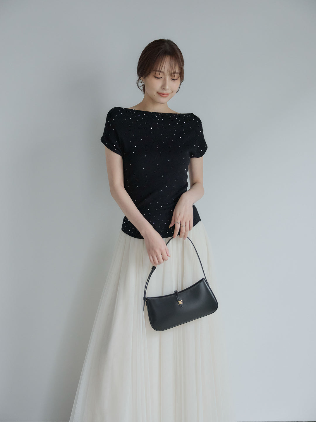 【SET】グリッターボートネックノースリニットトップス+ボリュームチュールスカート(2set)