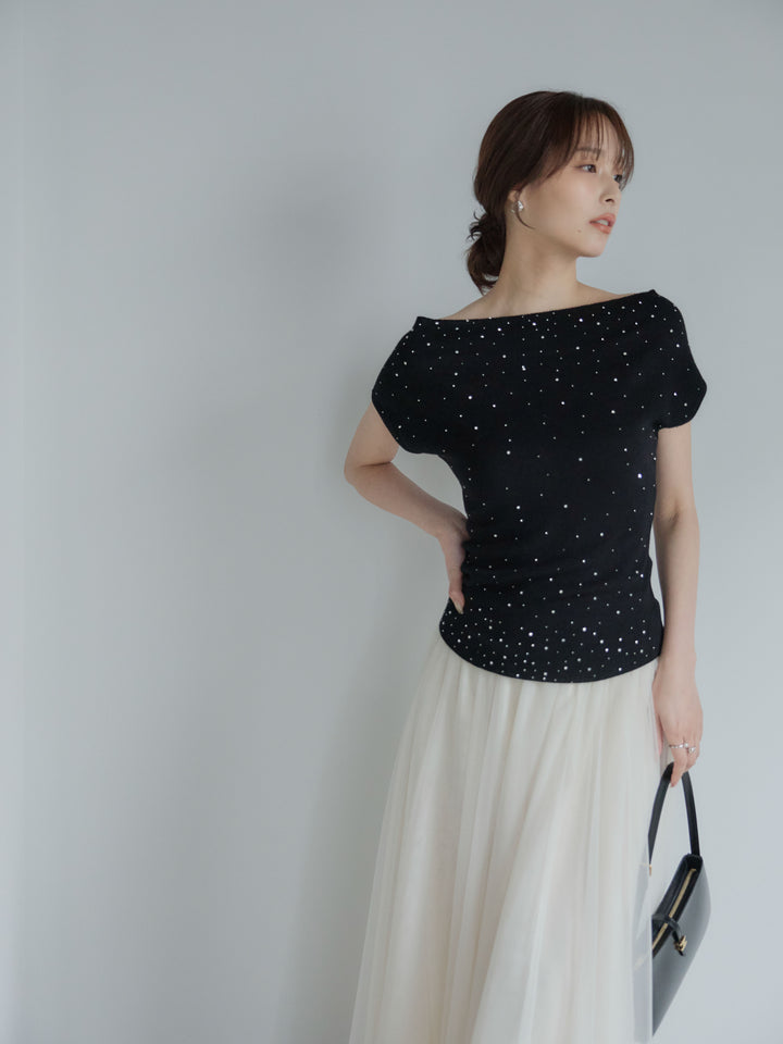 【SET】グリッターボートネックノースリニットトップス+ボリュームチュールスカート(2set)