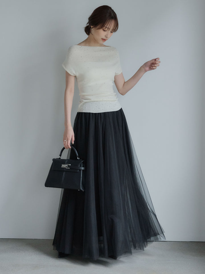 【SET】グリッターボートネックノースリニットトップス+ボリュームチュールスカート(2set)