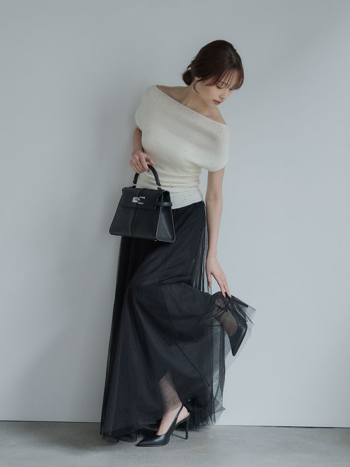 【SET】グリッターボートネックノースリニットトップス+ボリュームチュールスカート(2set)