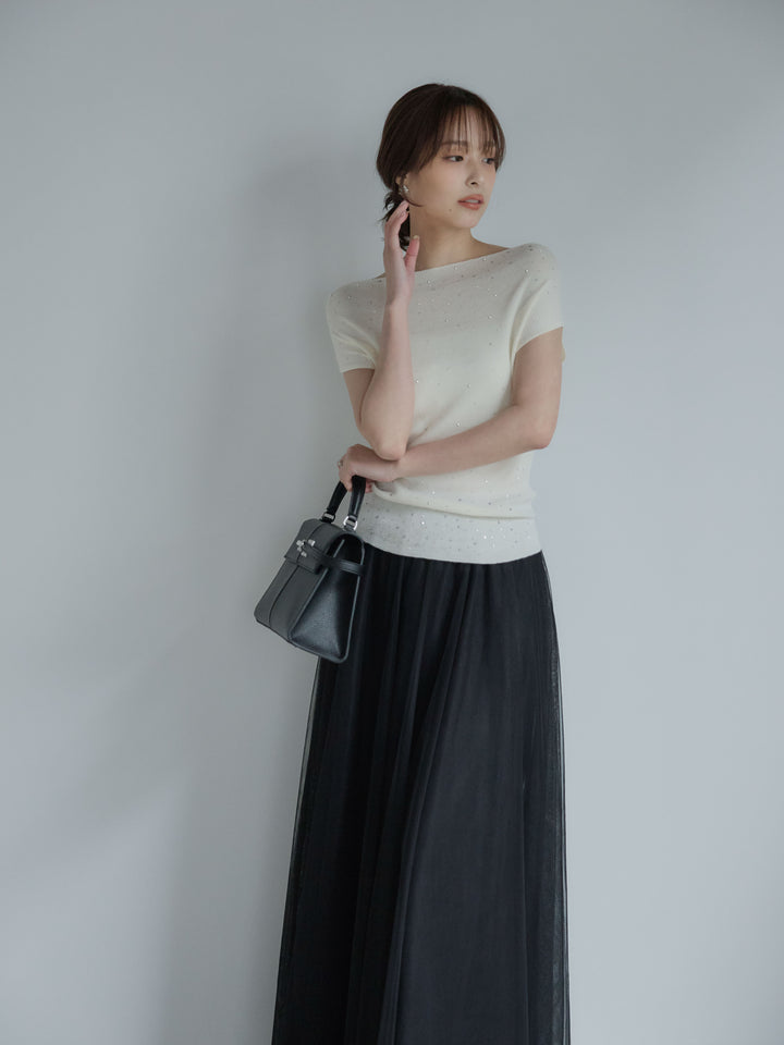 【SET】グリッターボートネックノースリニットトップス+ボリュームチュールスカート(2set)