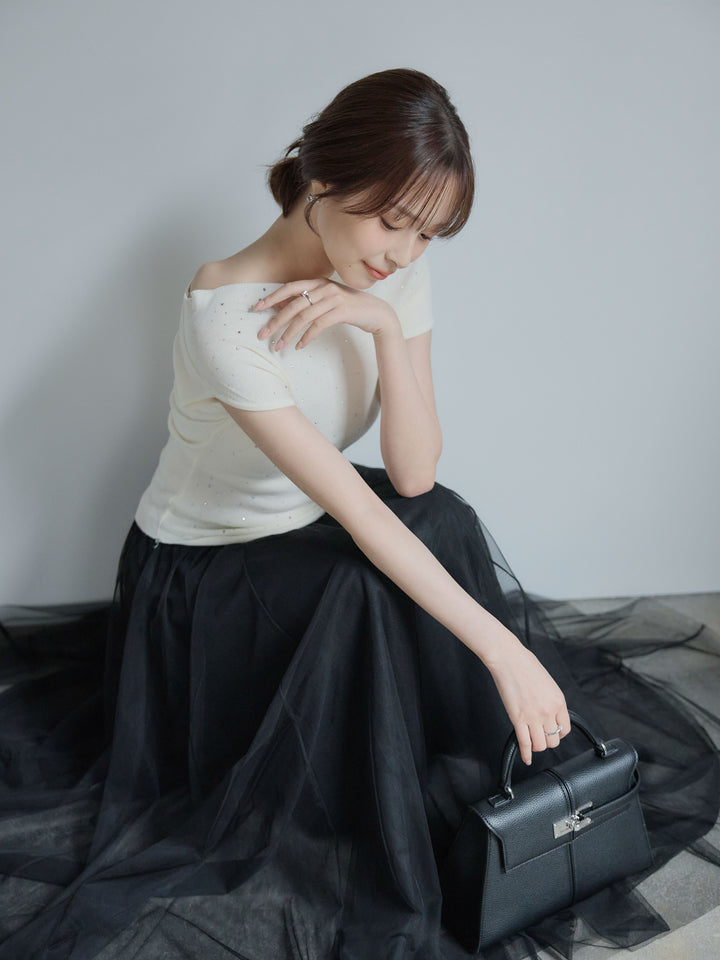 【SET】グリッターボートネックノースリニットトップス+ボリュームチュールスカート(2set)