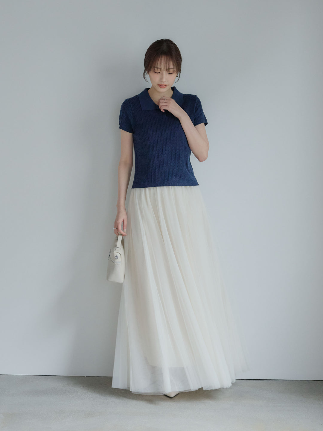 デザイン編み襟付き半袖ニットトップス