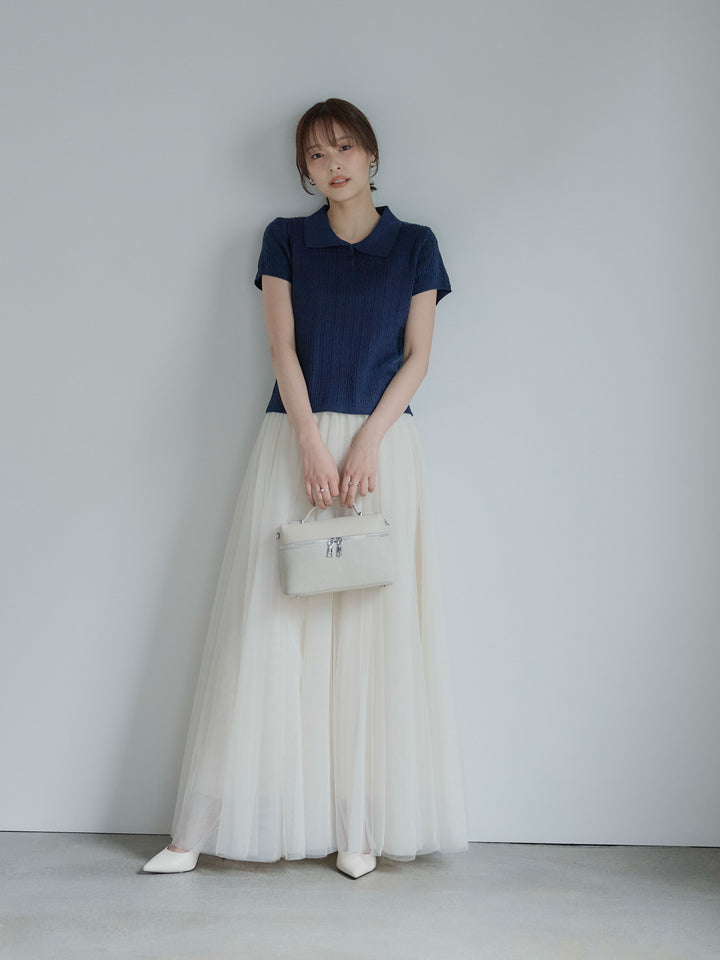 【SET】デザイン編み襟付き半袖ニットトップス+ボリュームチュールスカート(2set)