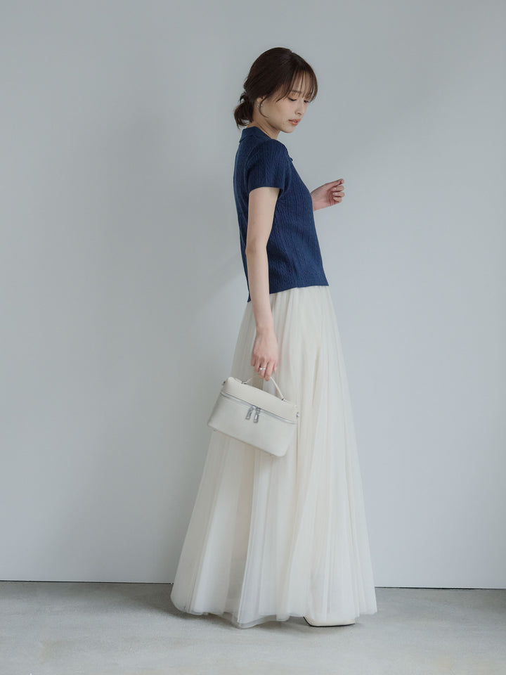 デザイン編み襟付き半袖ニットトップス