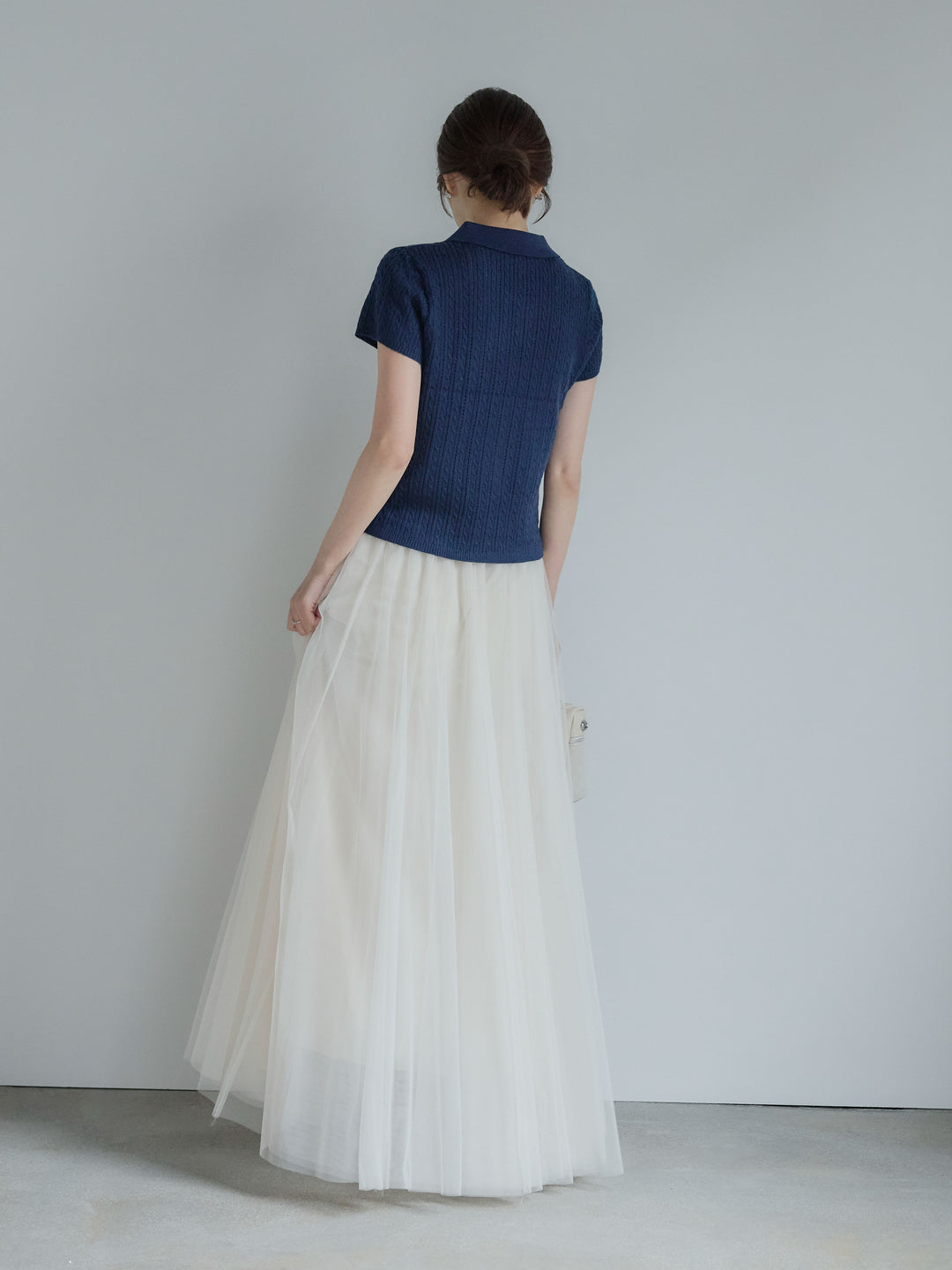 デザイン編み襟付き半袖ニットトップス