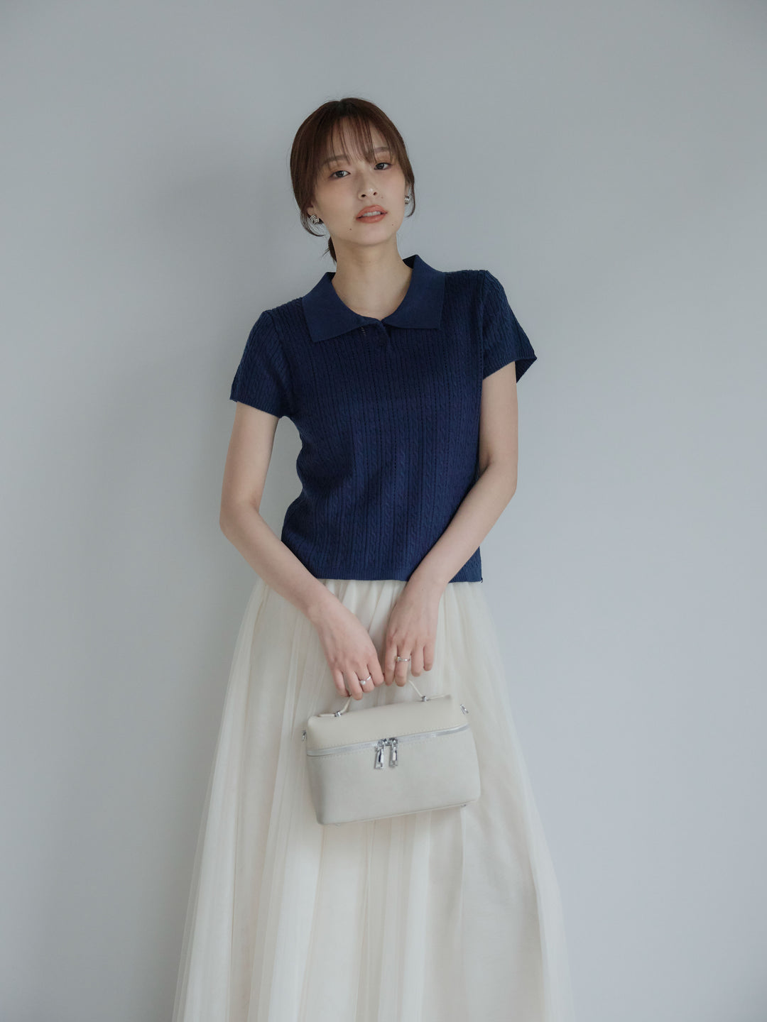 【SET】デザイン編み襟付き半袖ニットトップス+ボリュームチュールスカート(2set)