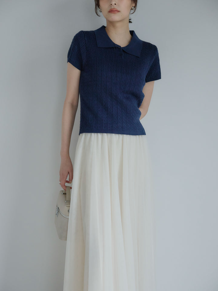 【SET】デザイン編み襟付き半袖ニットトップス+ボリュームチュールスカート(2set)