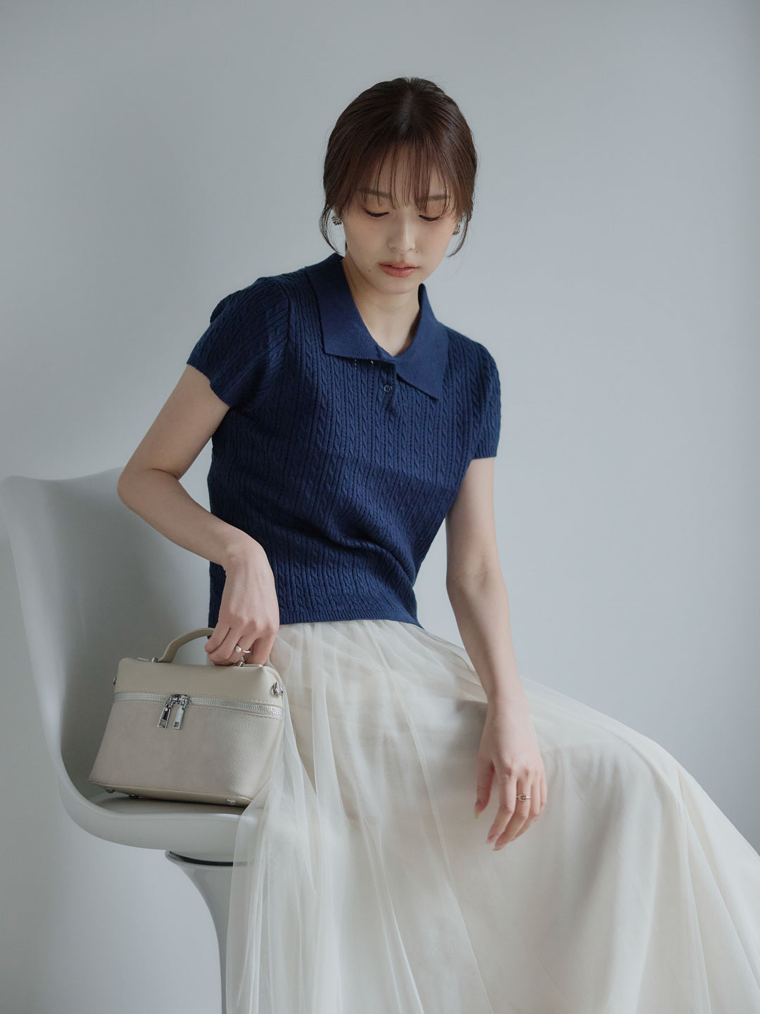 デザイン編み襟付き半袖ニットトップス