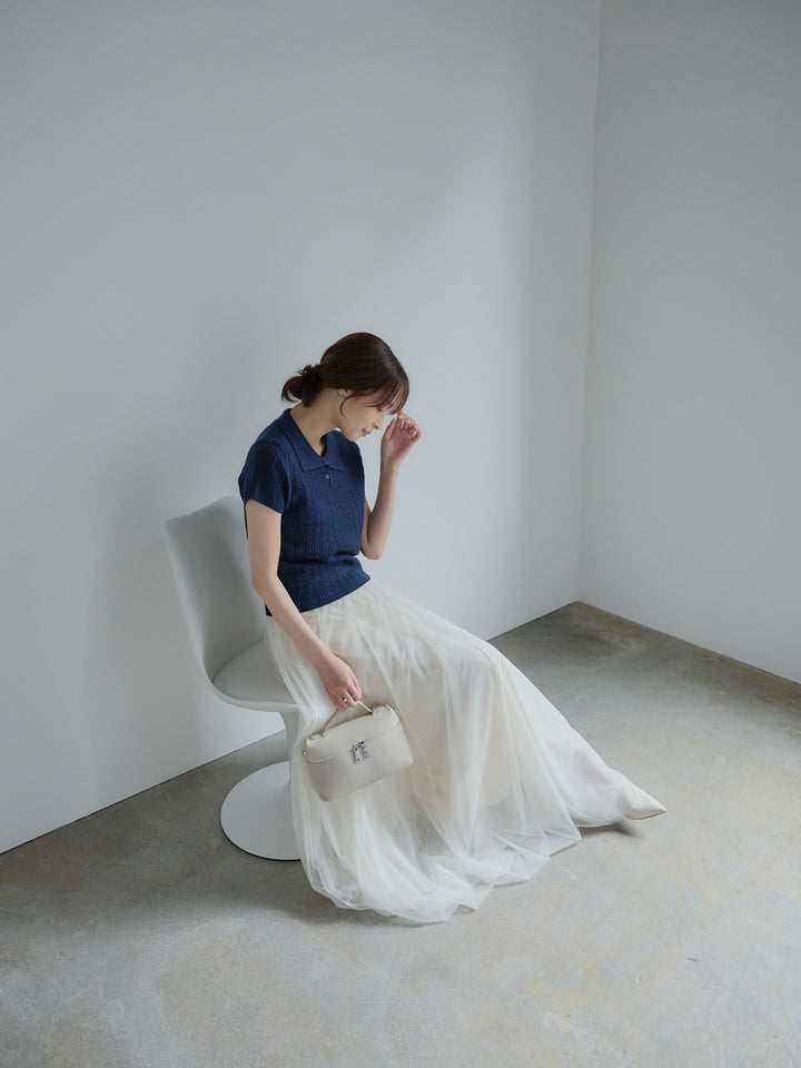 デザイン編み襟付き半袖ニットトップス