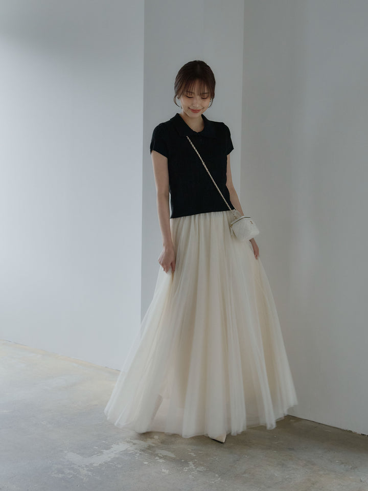 【SET】デザイン編み襟付き半袖ニットトップス+ボリュームチュールスカート(2set)