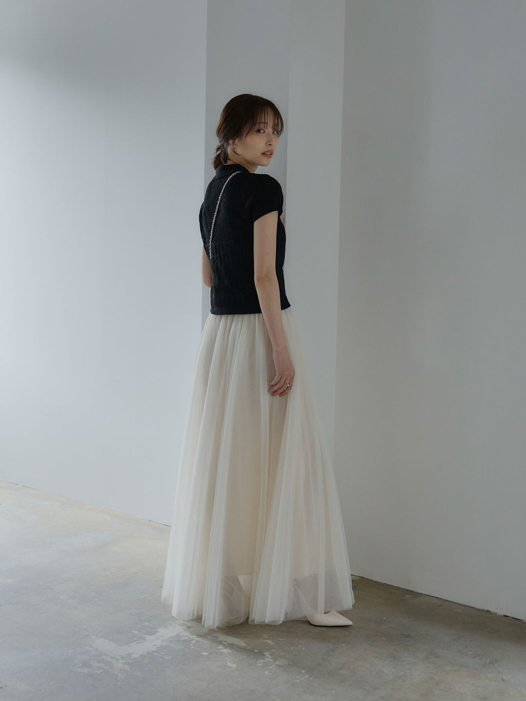 【SET】デザイン編み襟付き半袖ニットトップス+ボリュームチュールスカート(2set)