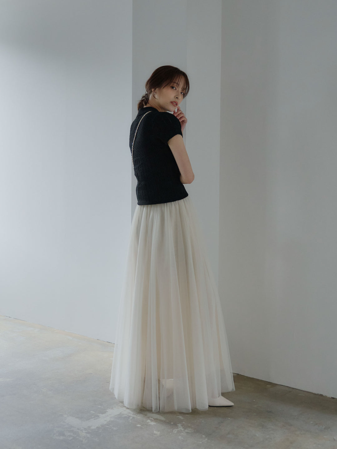 デザイン編み襟付き半袖ニットトップス