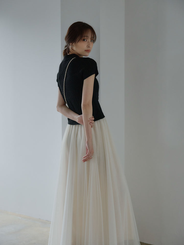 【SET】デザイン編み襟付き半袖ニットトップス+ボリュームチュールスカート(2set)