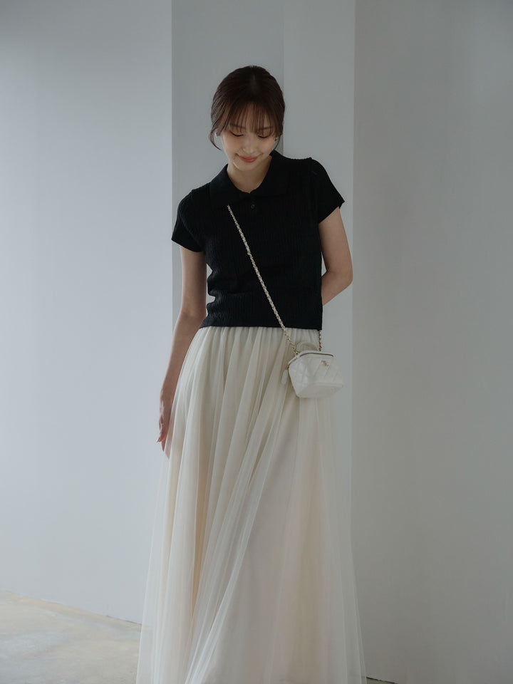 デザイン編み襟付き半袖ニットトップス