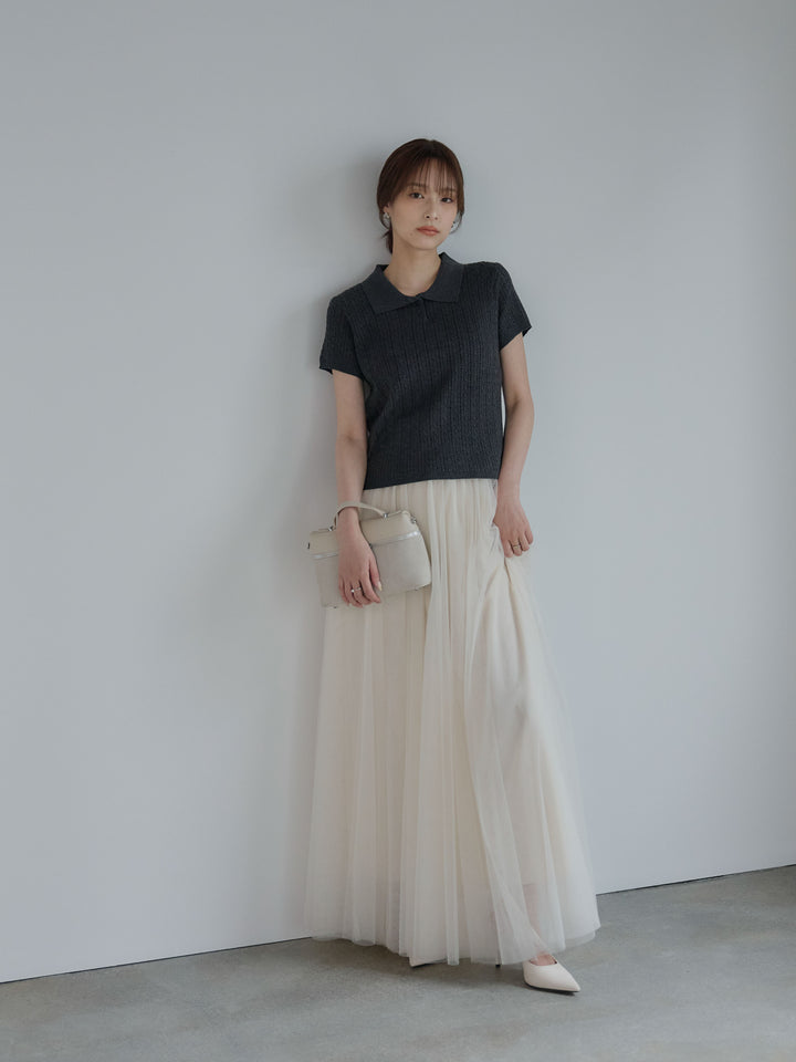 デザイン編み襟付き半袖ニットトップス