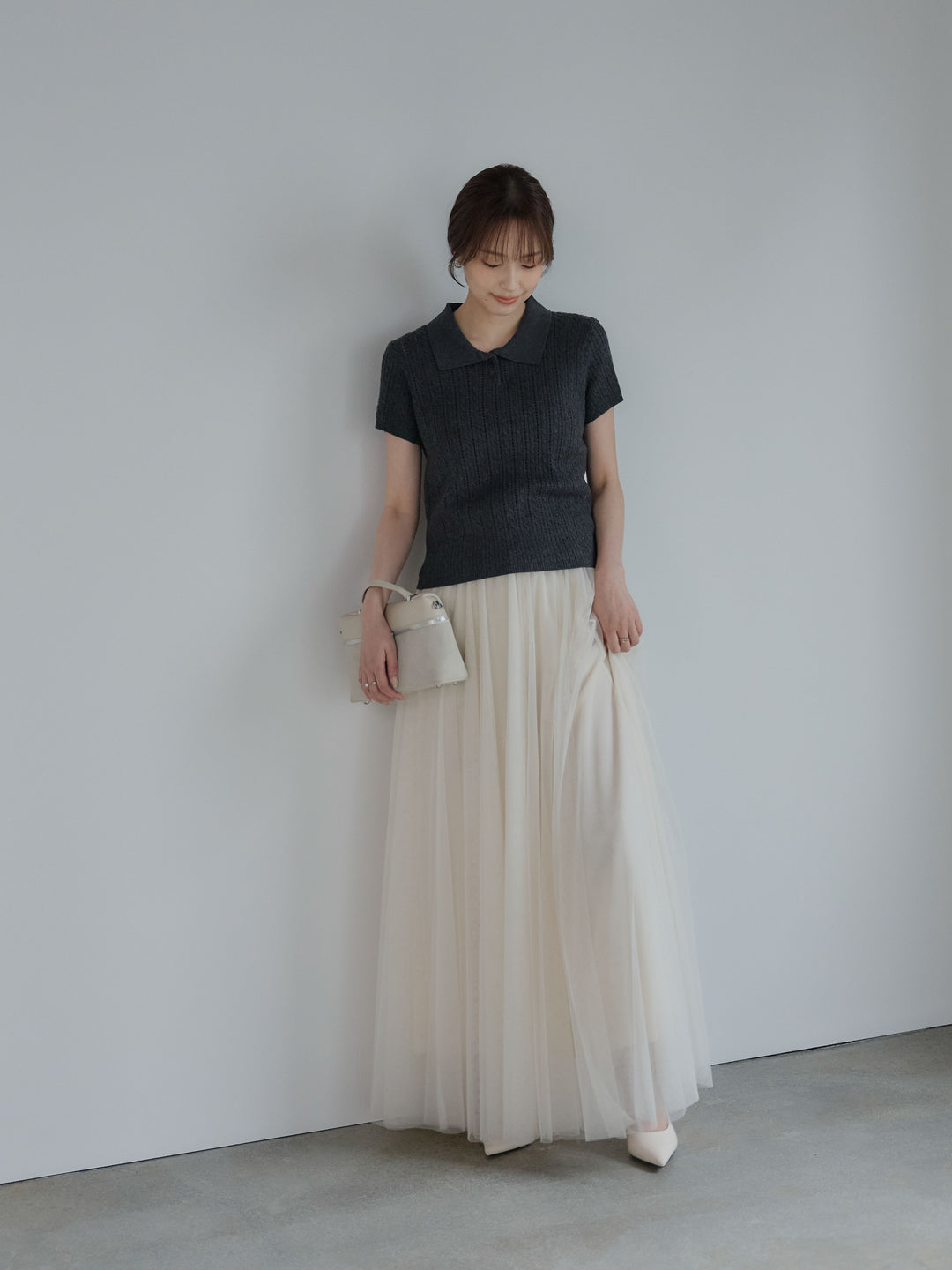 デザイン編み襟付き半袖ニットトップス