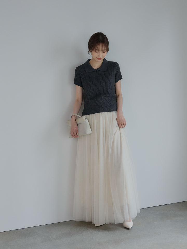 デザイン編み襟付き半袖ニットトップス