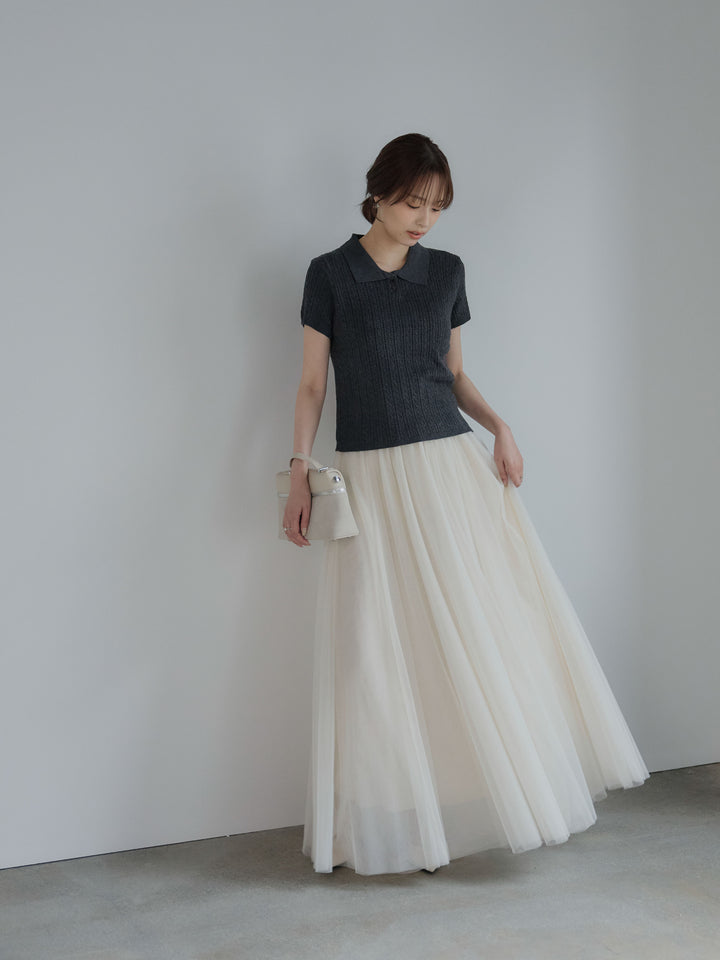 デザイン編み襟付き半袖ニットトップス