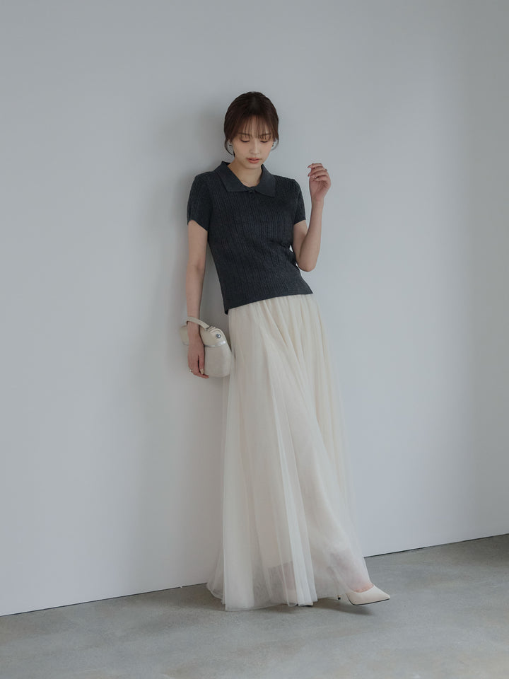 デザイン編み襟付き半袖ニットトップス