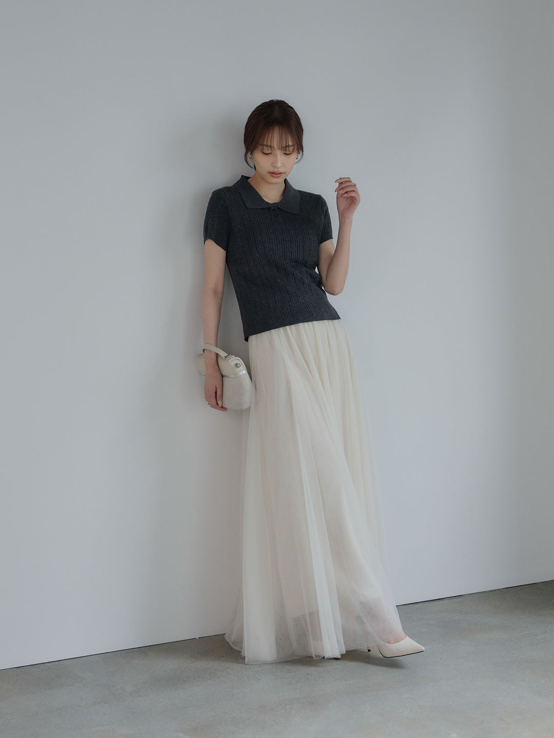 【SET】デザイン編み襟付き半袖ニットトップス+ボリュームチュールスカート(2set)