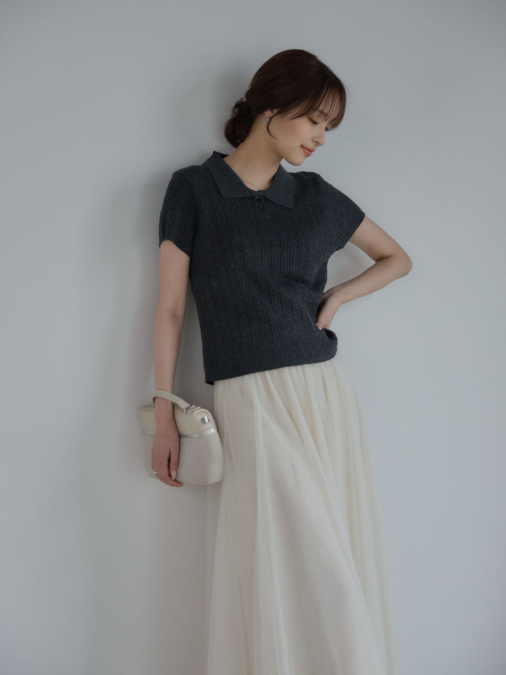 デザイン編み襟付き半袖ニットトップス