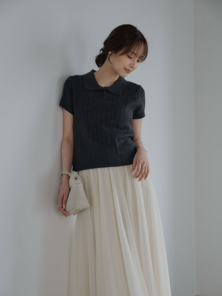 デザイン編み襟付き半袖ニットトップス