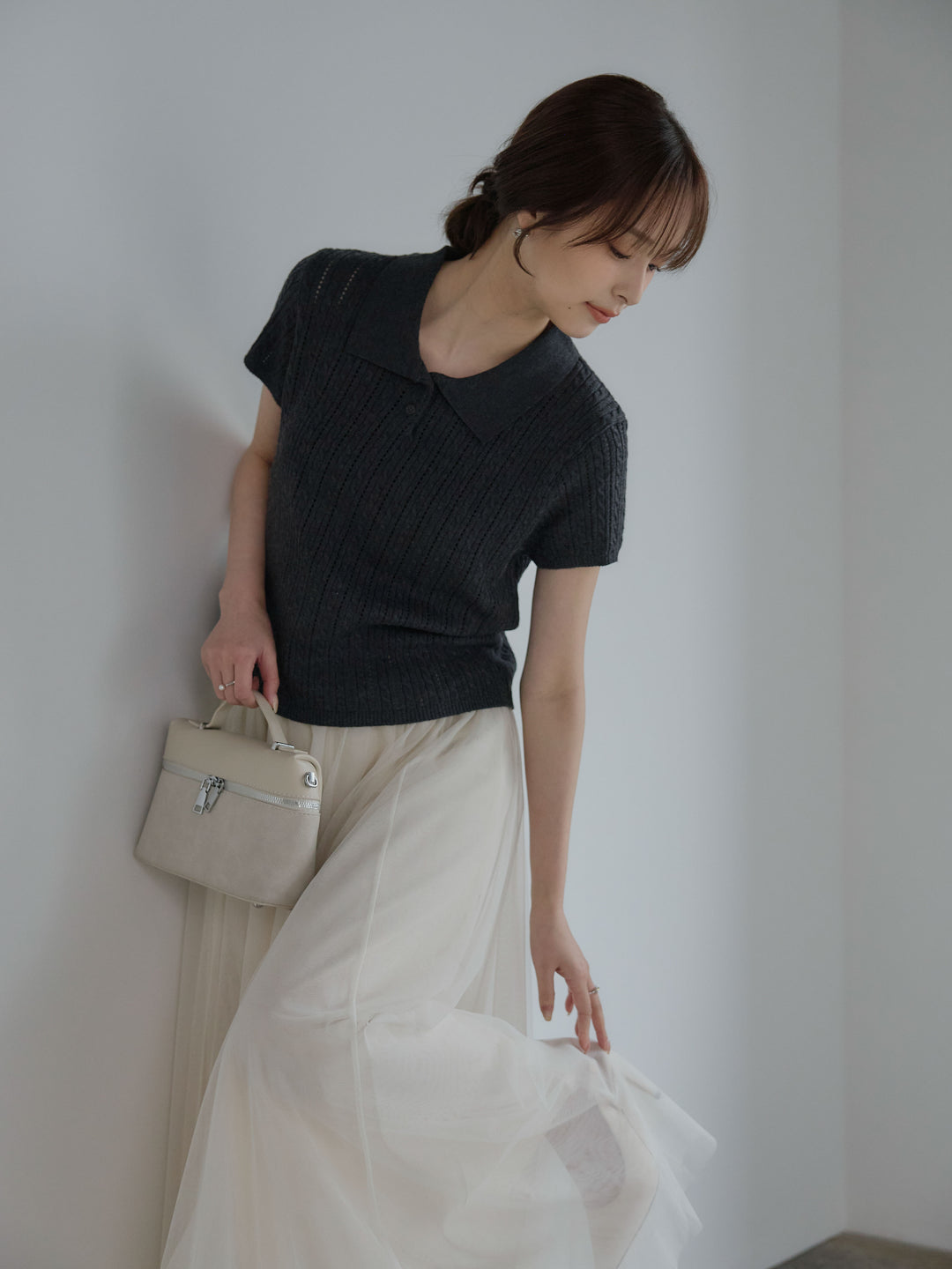 【SET】デザイン編み襟付き半袖ニットトップス+ボリュームチュールスカート(2set)