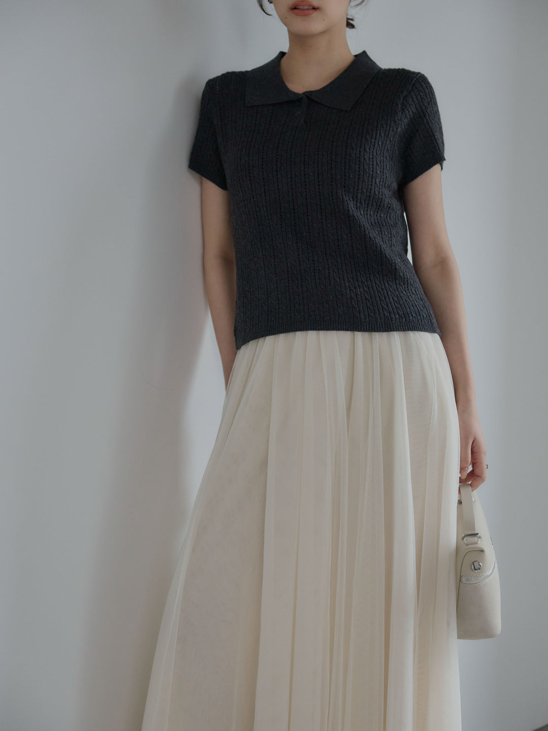 【SET】デザイン編み襟付き半袖ニットトップス+ボリュームチュールスカート(2set)