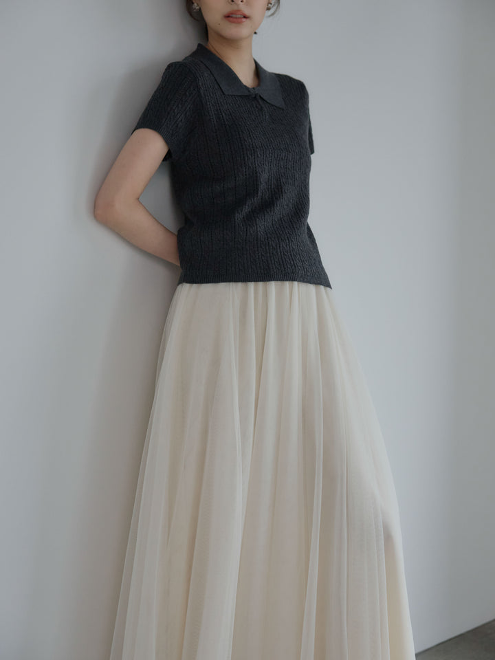 デザイン編み襟付き半袖ニットトップス