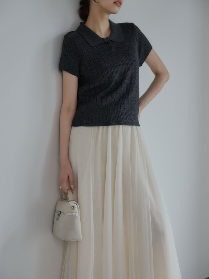 デザイン編み襟付き半袖ニットトップス