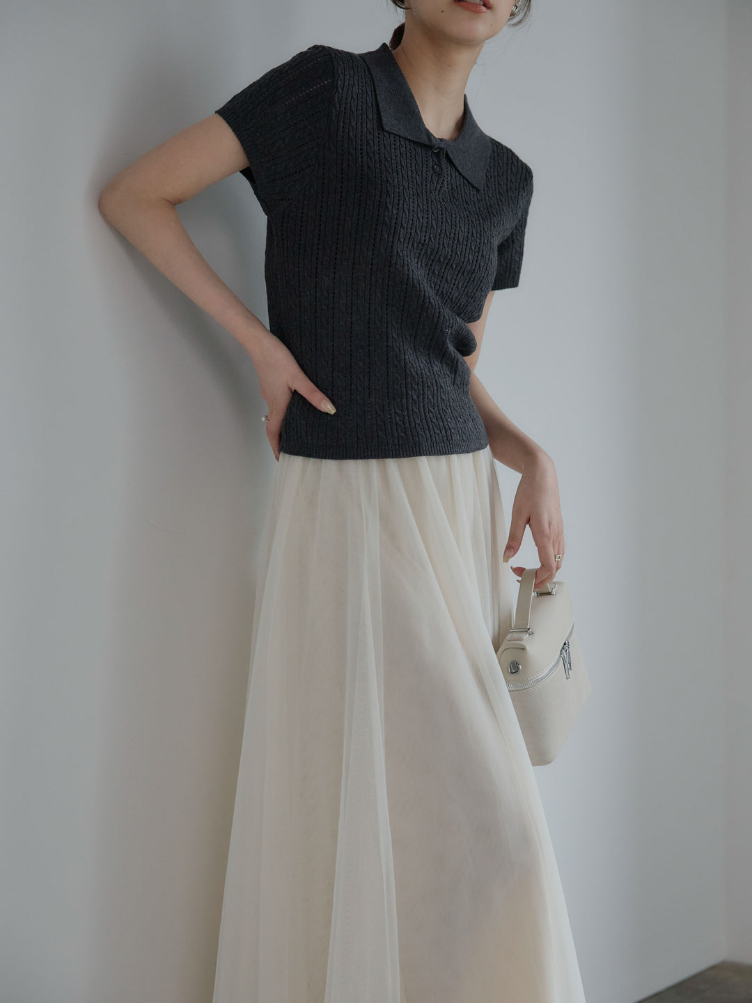 【SET】デザイン編み襟付き半袖ニットトップス+ボリュームチュールスカート(2set)