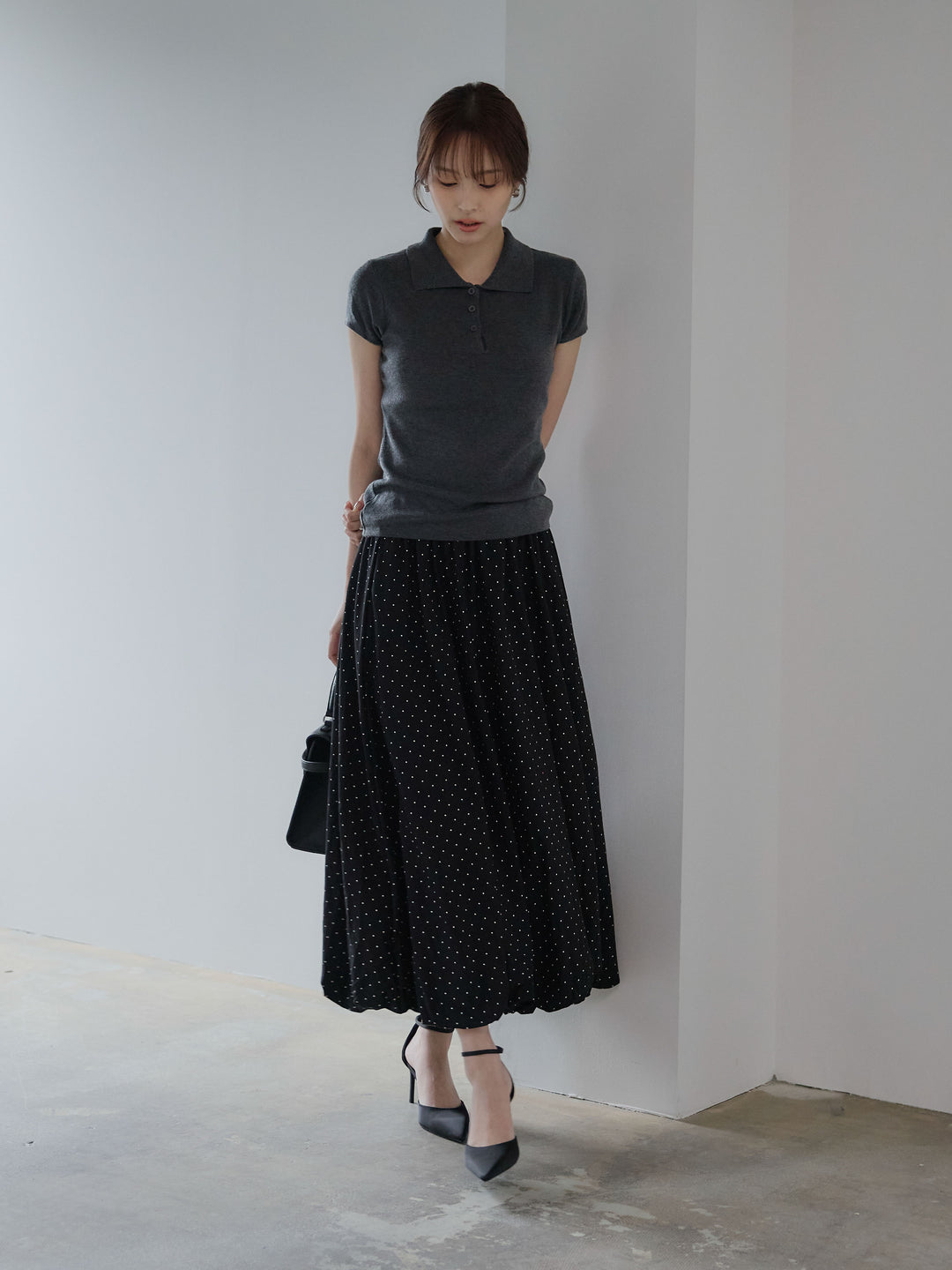 【SET】ハーフスリーブPOLOニットトップス+ドットパターンソフトバルーンスカート(2set)