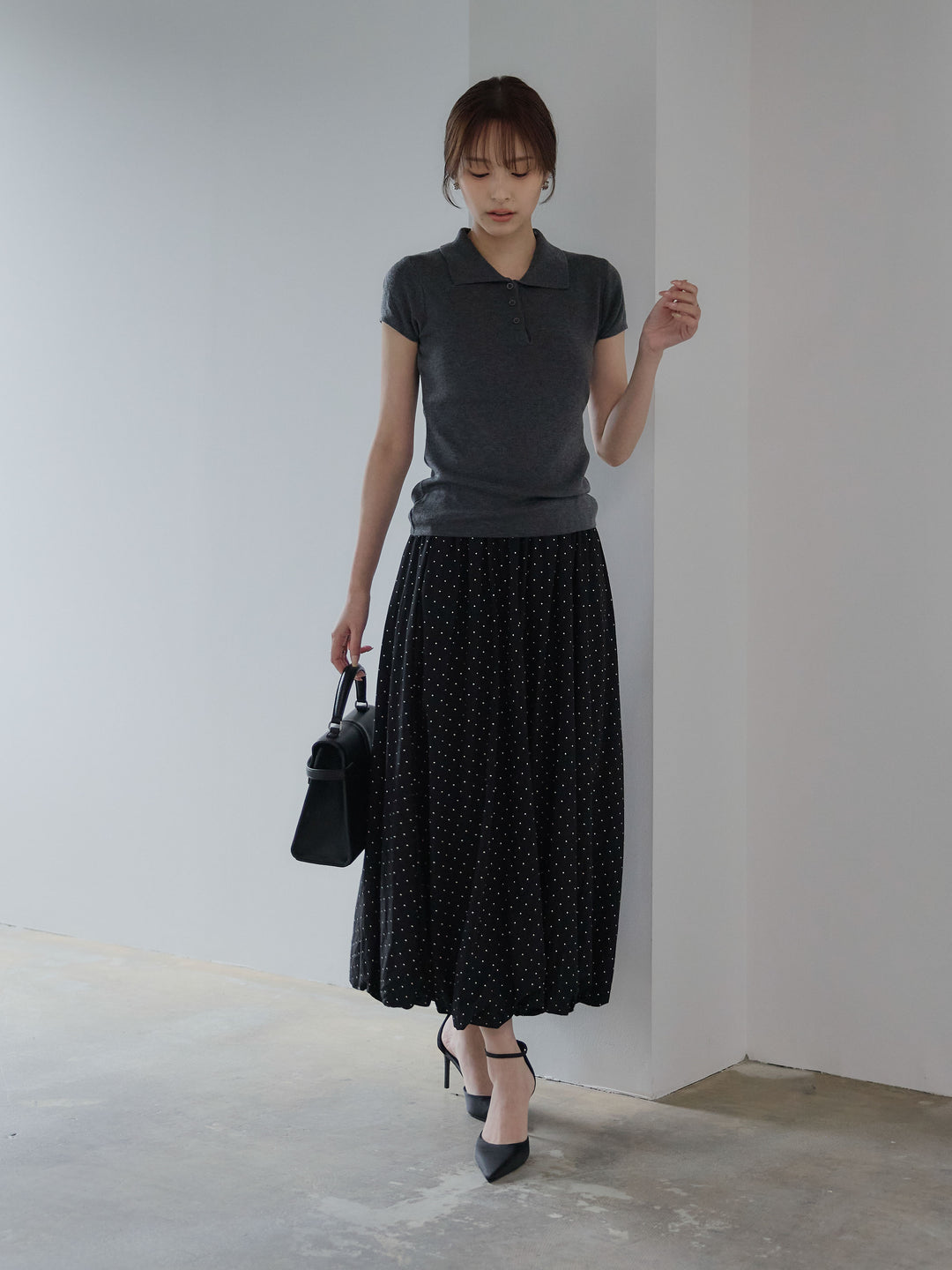 【SET】ハーフスリーブPOLOニットトップス+ドットパターンソフトバルーンスカート(2set)
