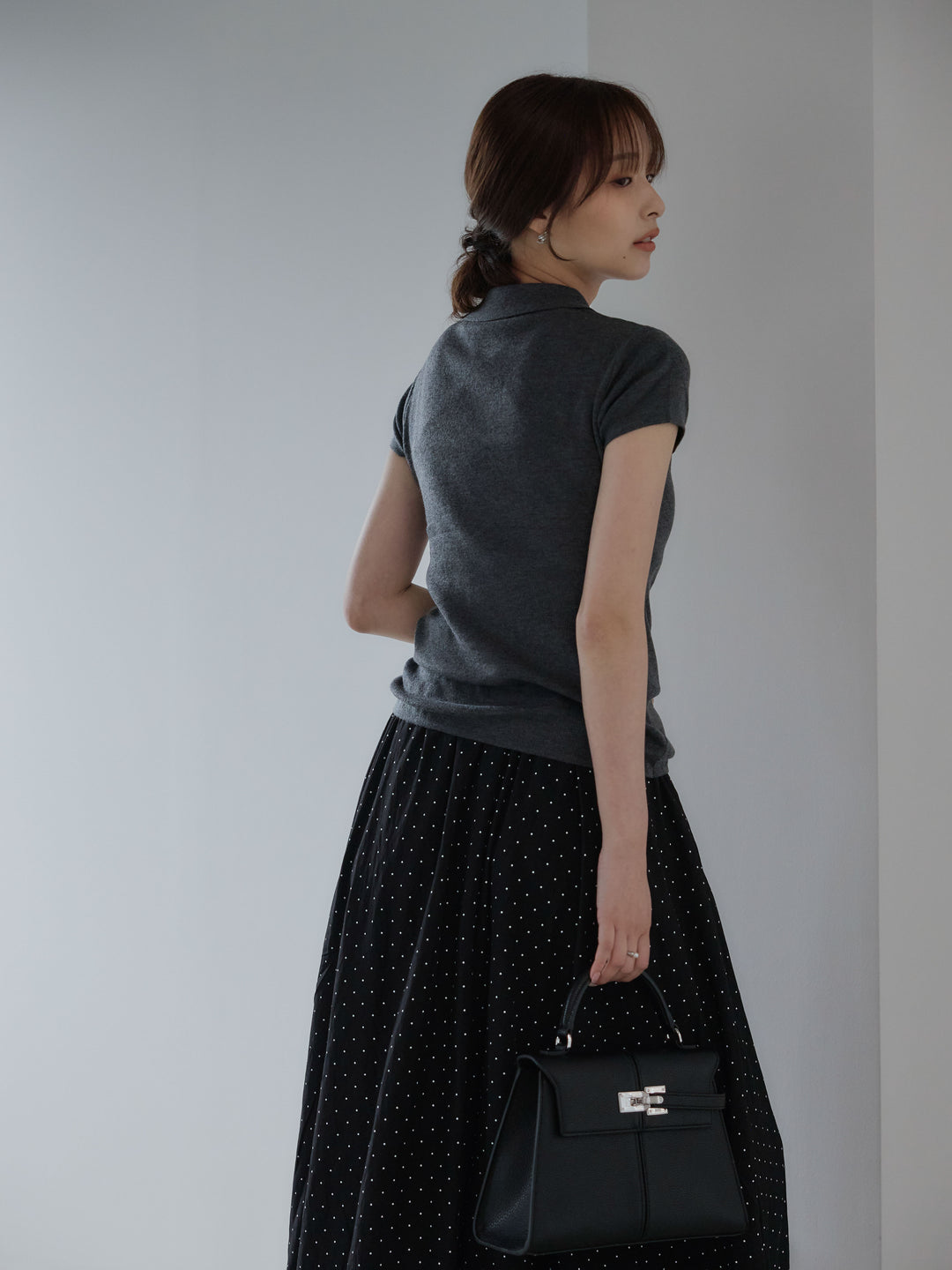 【SET】ハーフスリーブPOLOニットトップス+ドットパターンソフトバルーンスカート(2set)