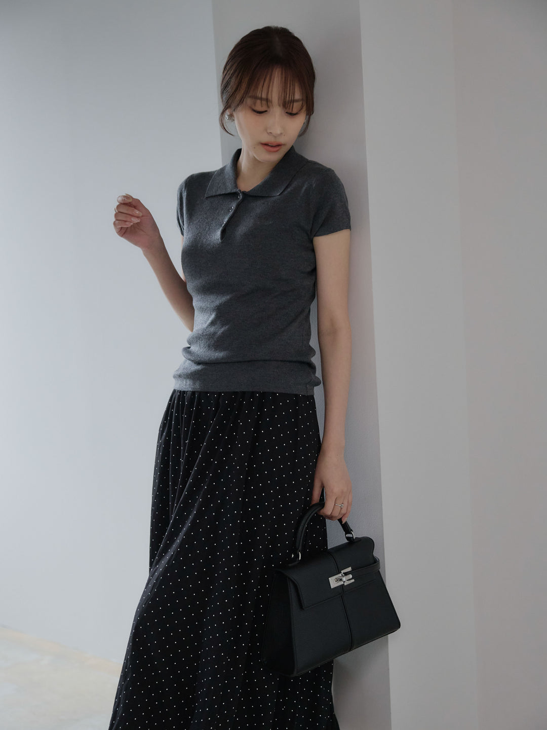 【SET】ハーフスリーブPOLOニットトップス+ドットパターンソフトバルーンスカート(2set)