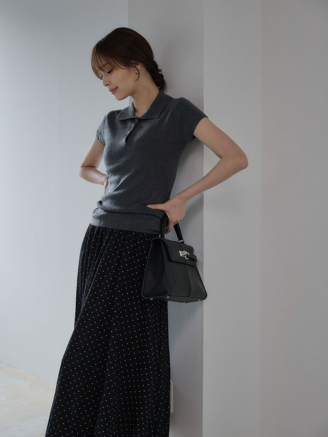 【SET】ハーフスリーブPOLOニットトップス+ドットパターンソフトバルーンスカート(2set)