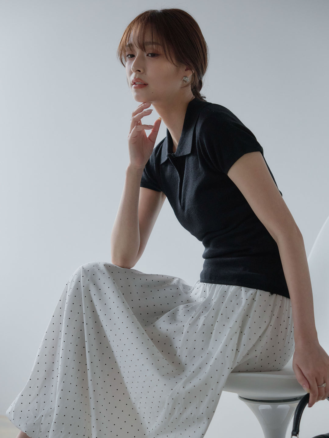 ハーフスリーブPOLOニットトップス