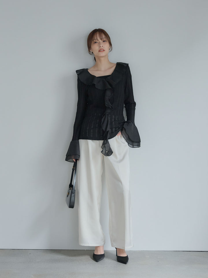 【SET】ストライプシアーラッフルトップス+【Essential】センタープレスサテンパンツ(2set)