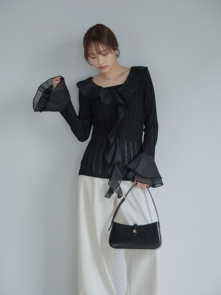 ストライプシアーラッフルトップス