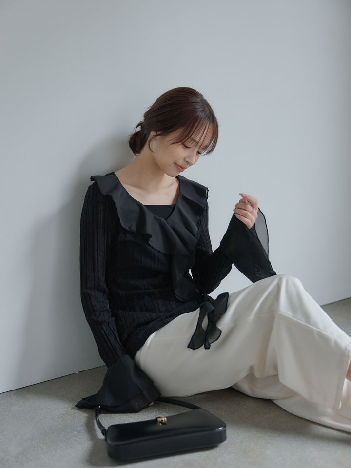 【SET】ストライプシアーラッフルトップス+【Essential】センタープレスサテンパンツ(2set)