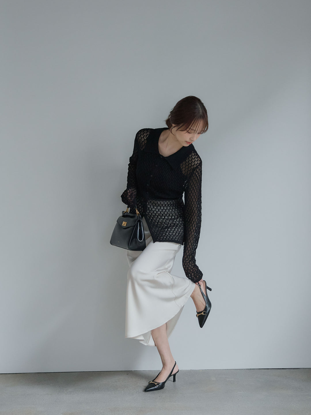 麻タッチ襟付きカーディガン