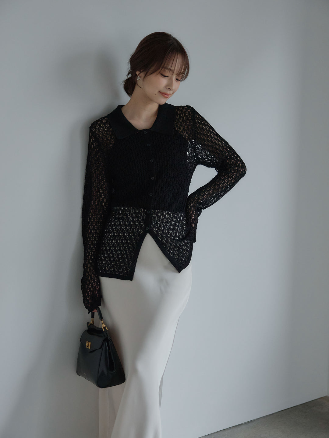 麻タッチ襟付きカーディガン