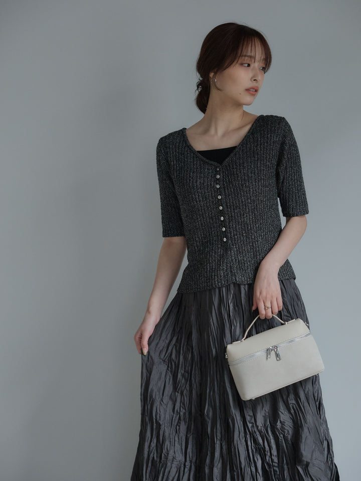 メタルボタンVネック5分袖カーディガン