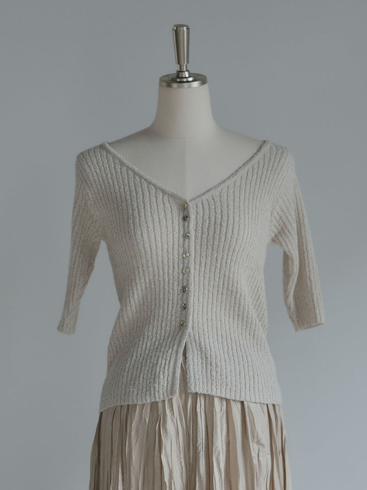 メタルボタンVネック5分袖カーディガン