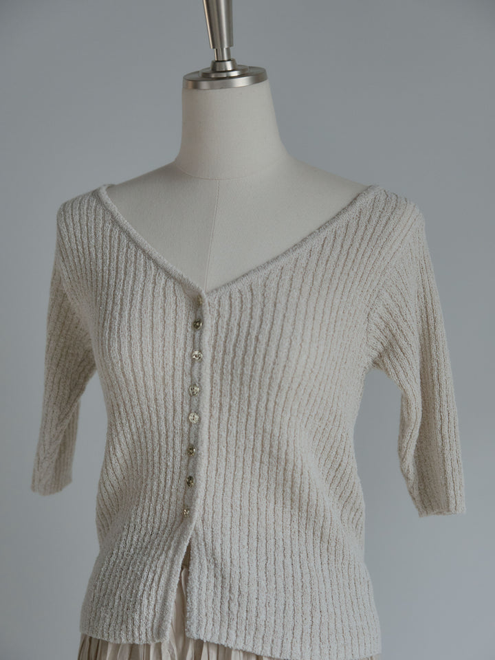 メタルボタンVネック5分袖カーディガン