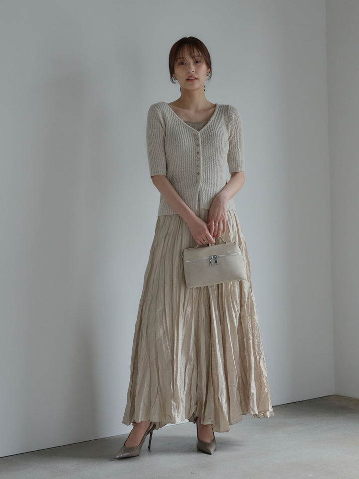 【SET】メタルボタンVネック5分袖カーディガン+グロッシーワッシャープリーツスカート(2set)