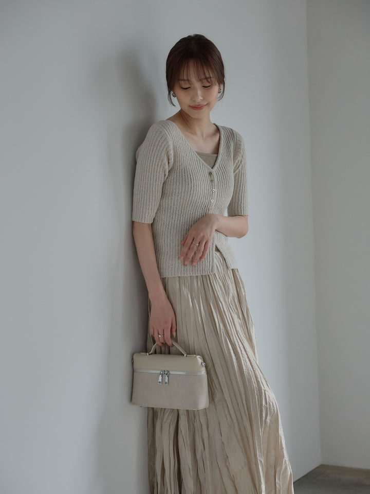 メタルボタンVネック5分袖カーディガン